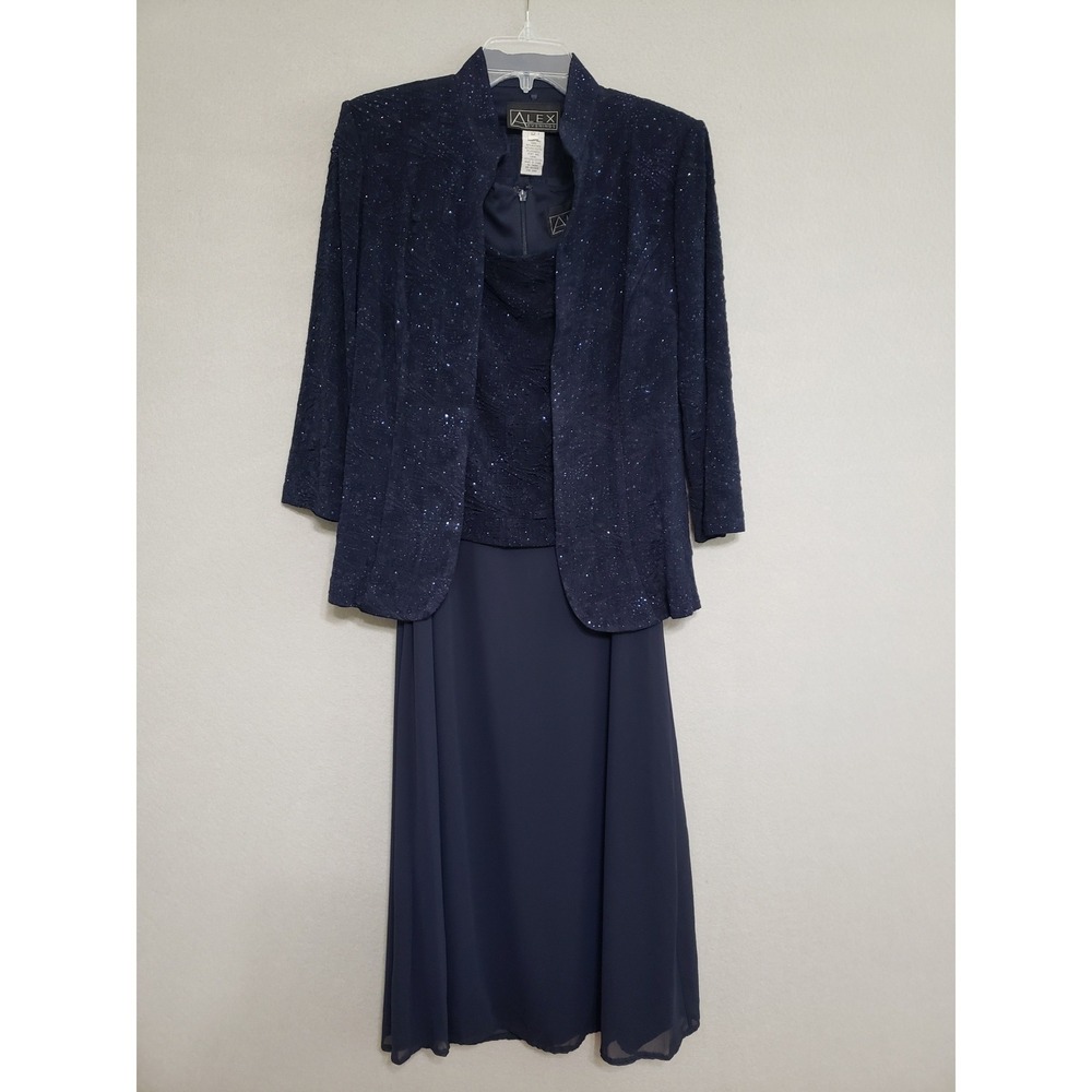 Alex Evenings Navy Blue Sequin 2pc Jacket Dress Set Size 12 Mother of the Bride